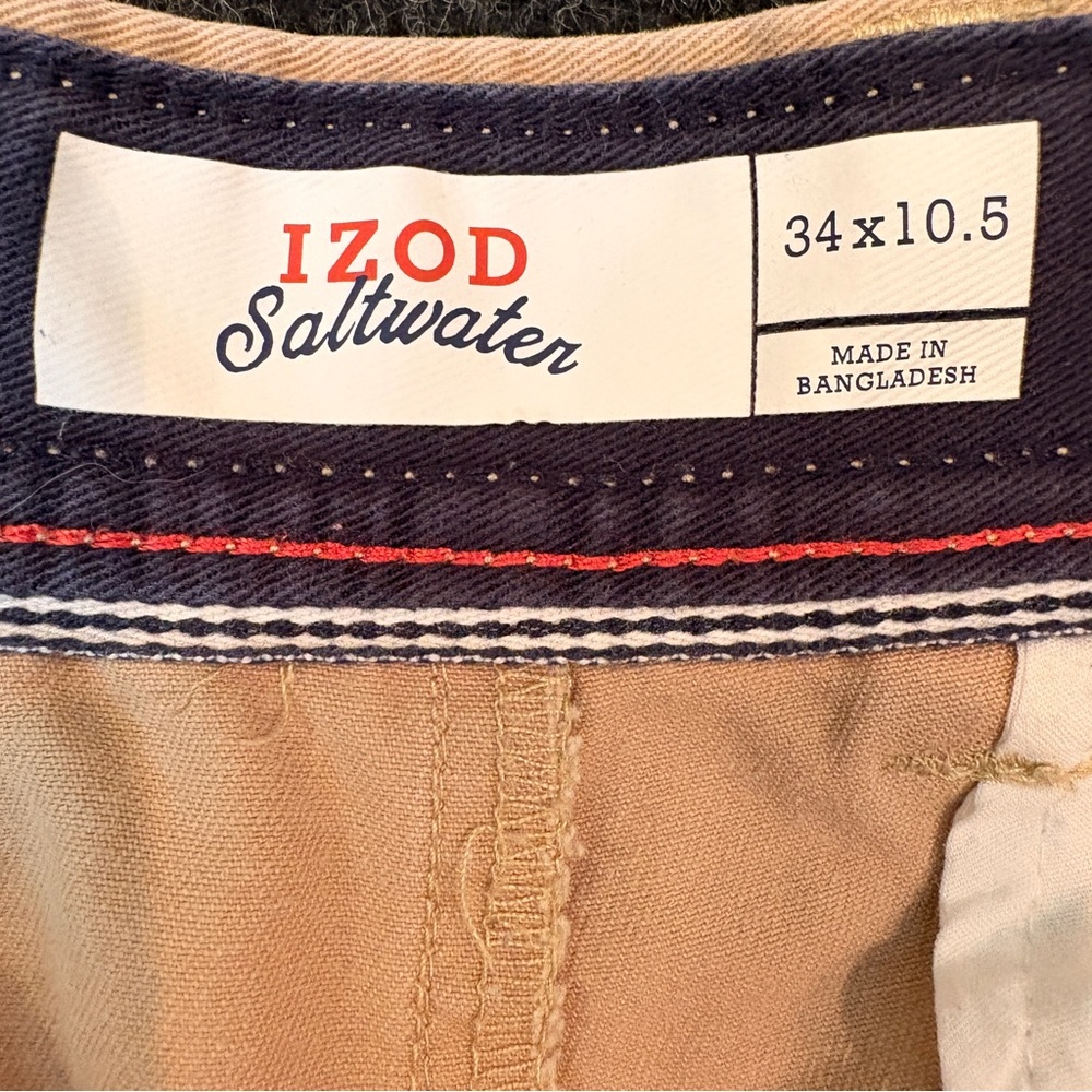 Izod Saltwater Flat Front Khaki Tan Chino Shorts Mens 34 Cotton Casual Summer - Picture 4 of 13
